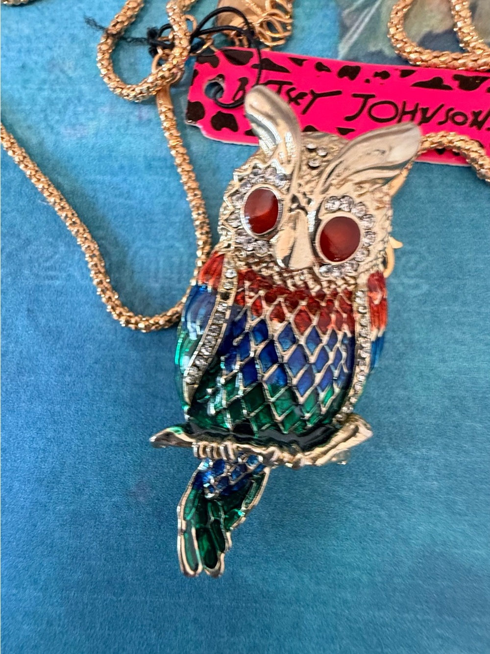 Betsey Johnson Multicolor Owl Pendant Necklace & Brooch Gold Chain